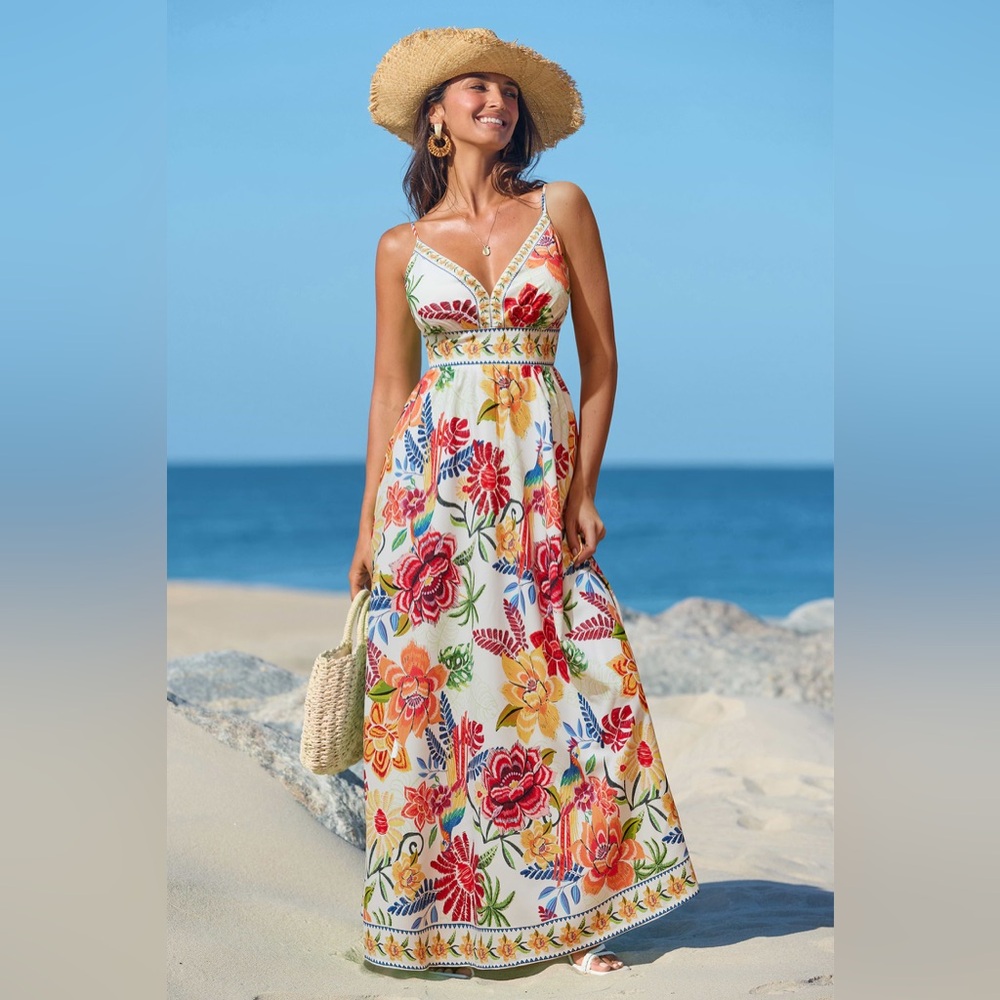 Large. New With Tag Cupshe White Maxi Dress with Multicolor Floral Print - Picture 5 of 7